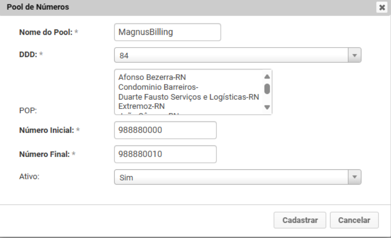 Tela de cadastro da Pool de Números